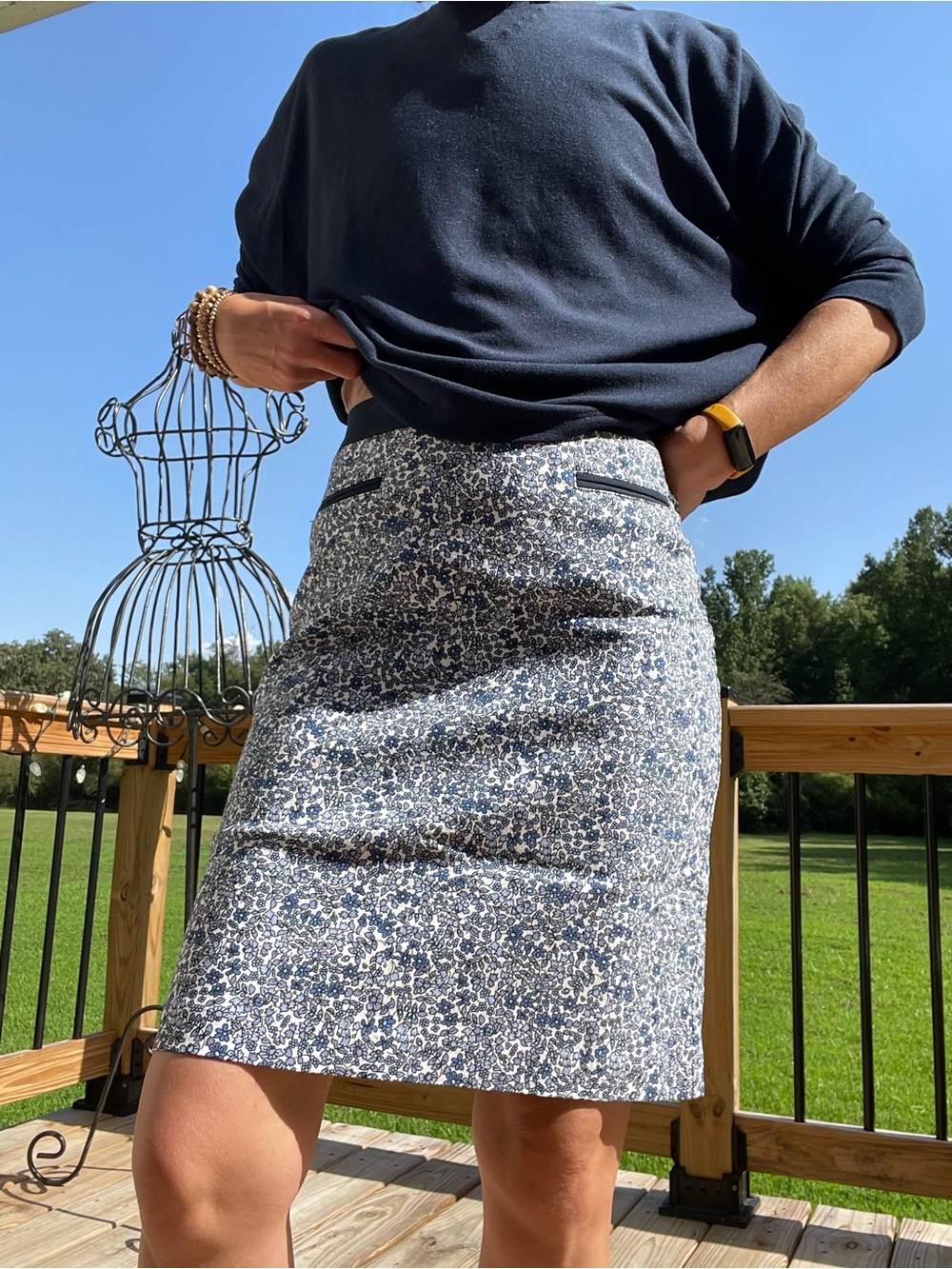 Margaret M Blue and White Floral Pencil Skirt with Navy Waistband
